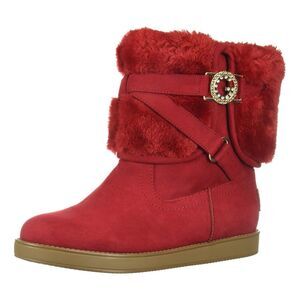 G by GUESS GALLIO RED FAUX FUR SLIP ON ANKLE BOOTS BOOTIE Women’s Size 5.5M
